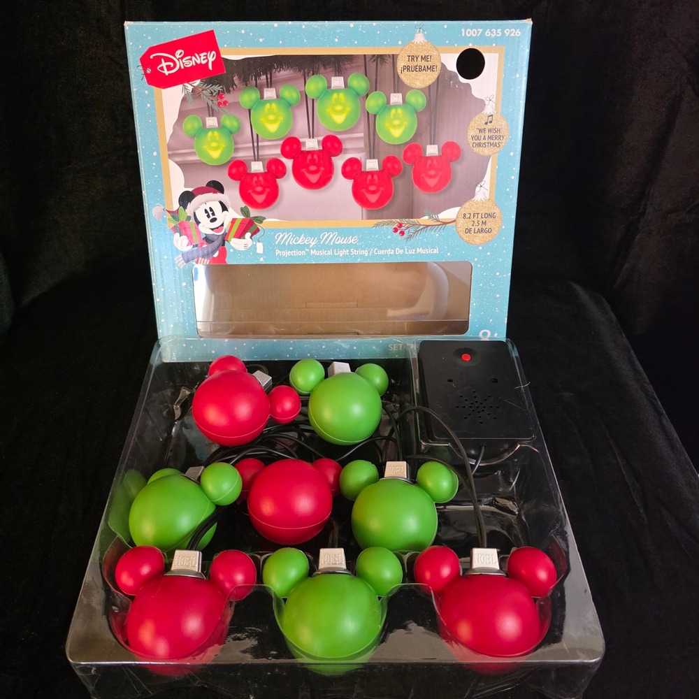 Disney Mickey Mouse Projection Musical Light String Red Green Gemmy 8.2ft